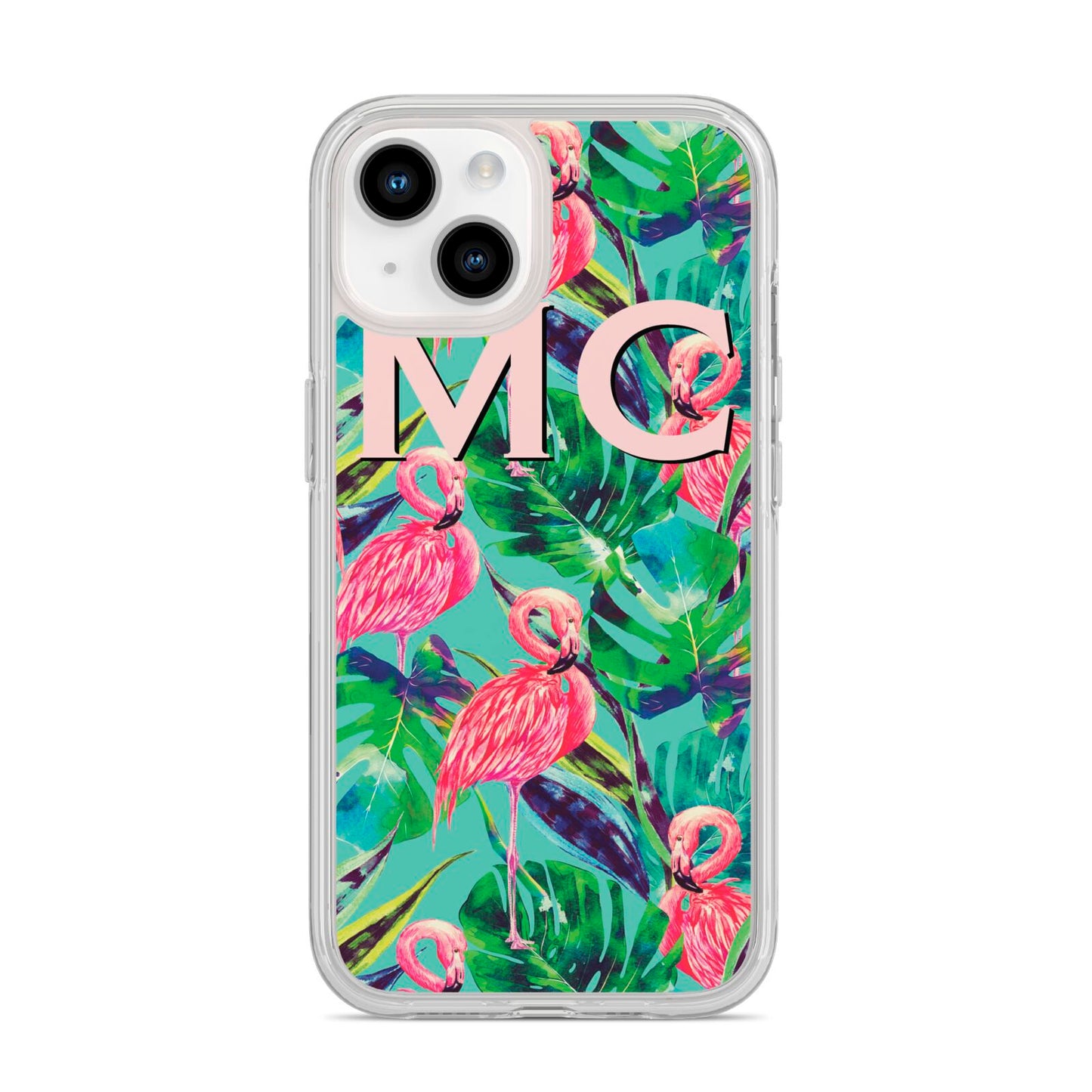 Personalised Tropical Green Leaves Flamingo iPhone 14 Clear Tough Case Starlight