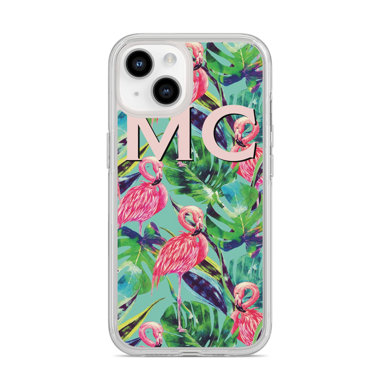 Personalised Tropical Green Leaves Flamingo iPhone 14 Clear Tough Case Starlight