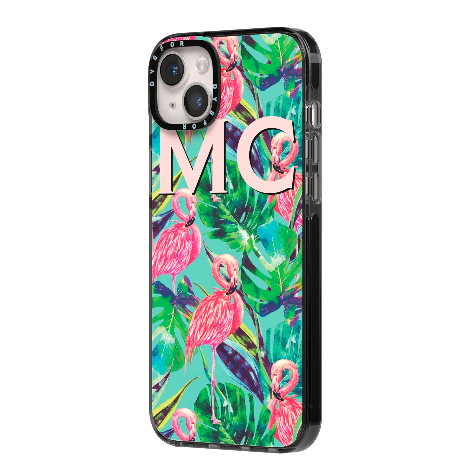 Personalised Tropical Green Leaves Flamingo iPhone 14 Plus Black Impact Case Side Angle on Silver phone