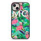 Personalised Tropical Green Leaves Flamingo iPhone 14 Plus Black Impact Case on Silver phone