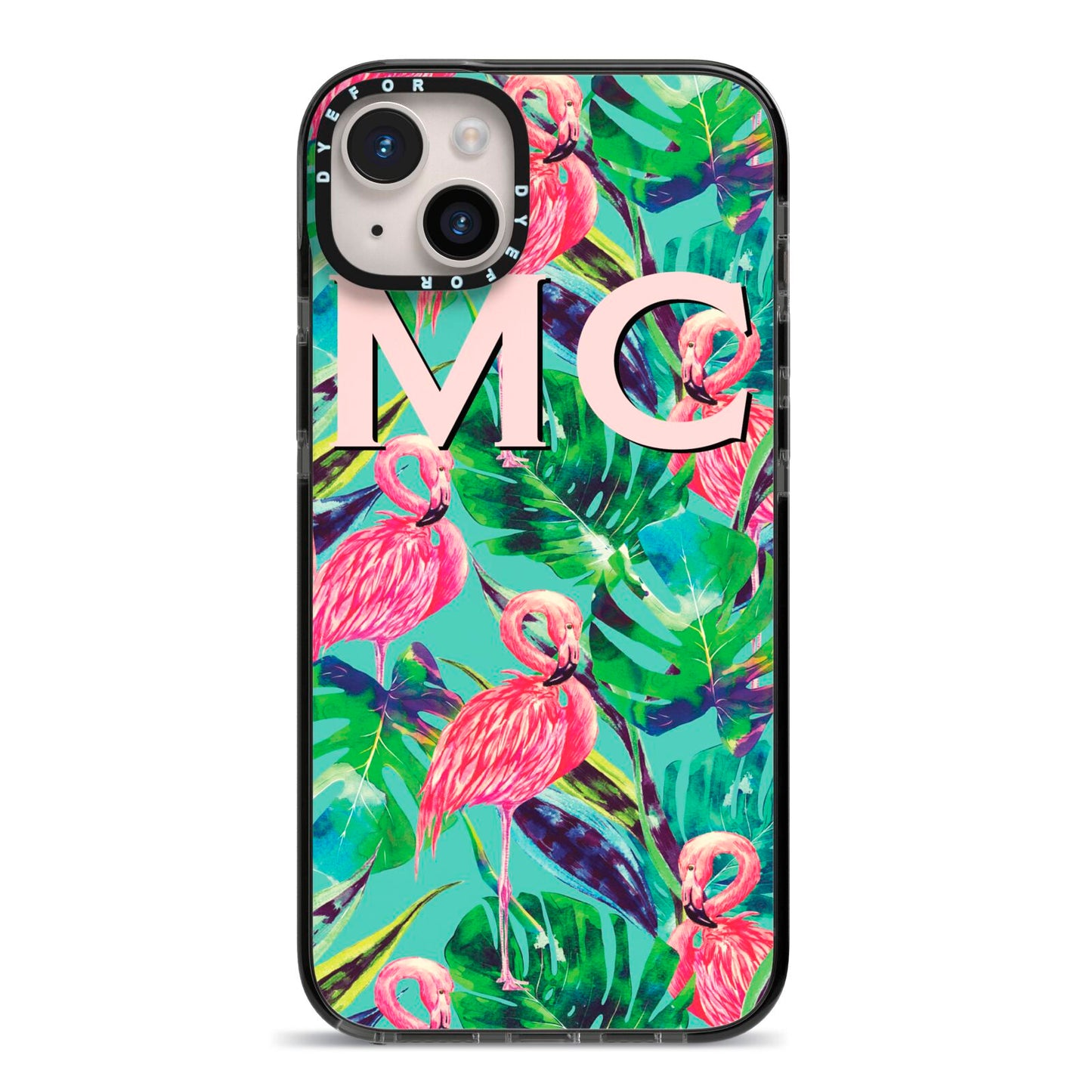 Personalised Tropical Green Leaves Flamingo iPhone 14 Plus Black Impact Case on Silver phone