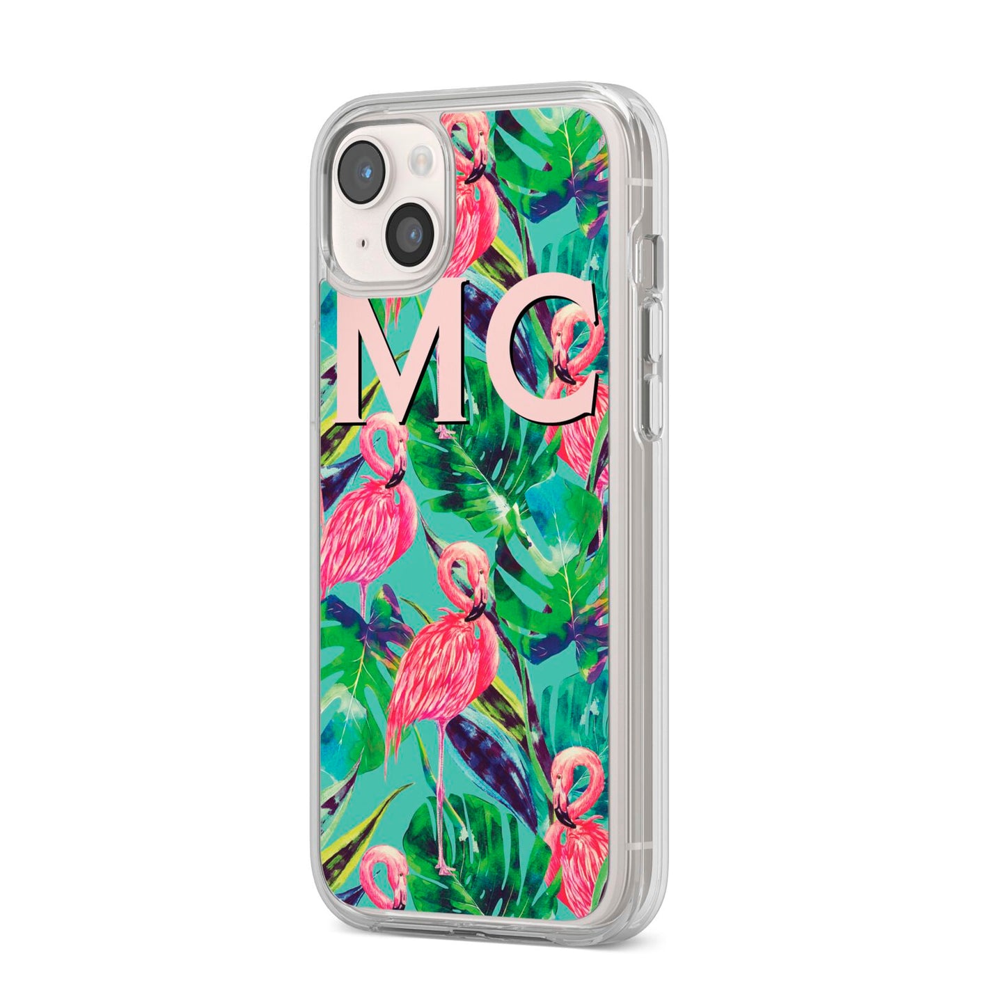 Personalised Tropical Green Leaves Flamingo iPhone 14 Plus Clear Tough Case Starlight Angled Image