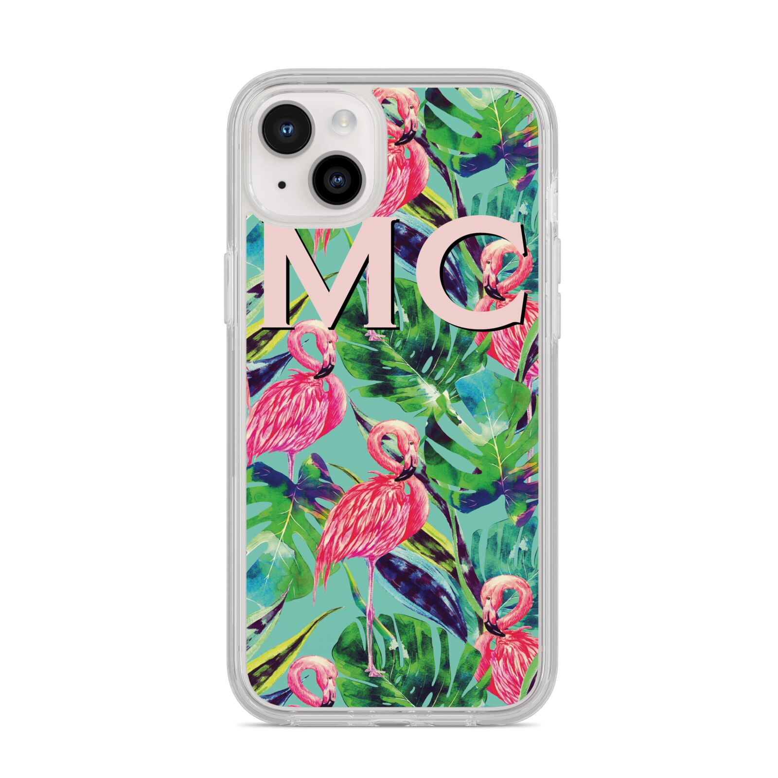 Personalised Tropical Green Leaves Flamingo iPhone 14 Plus Clear Tough Case Starlight