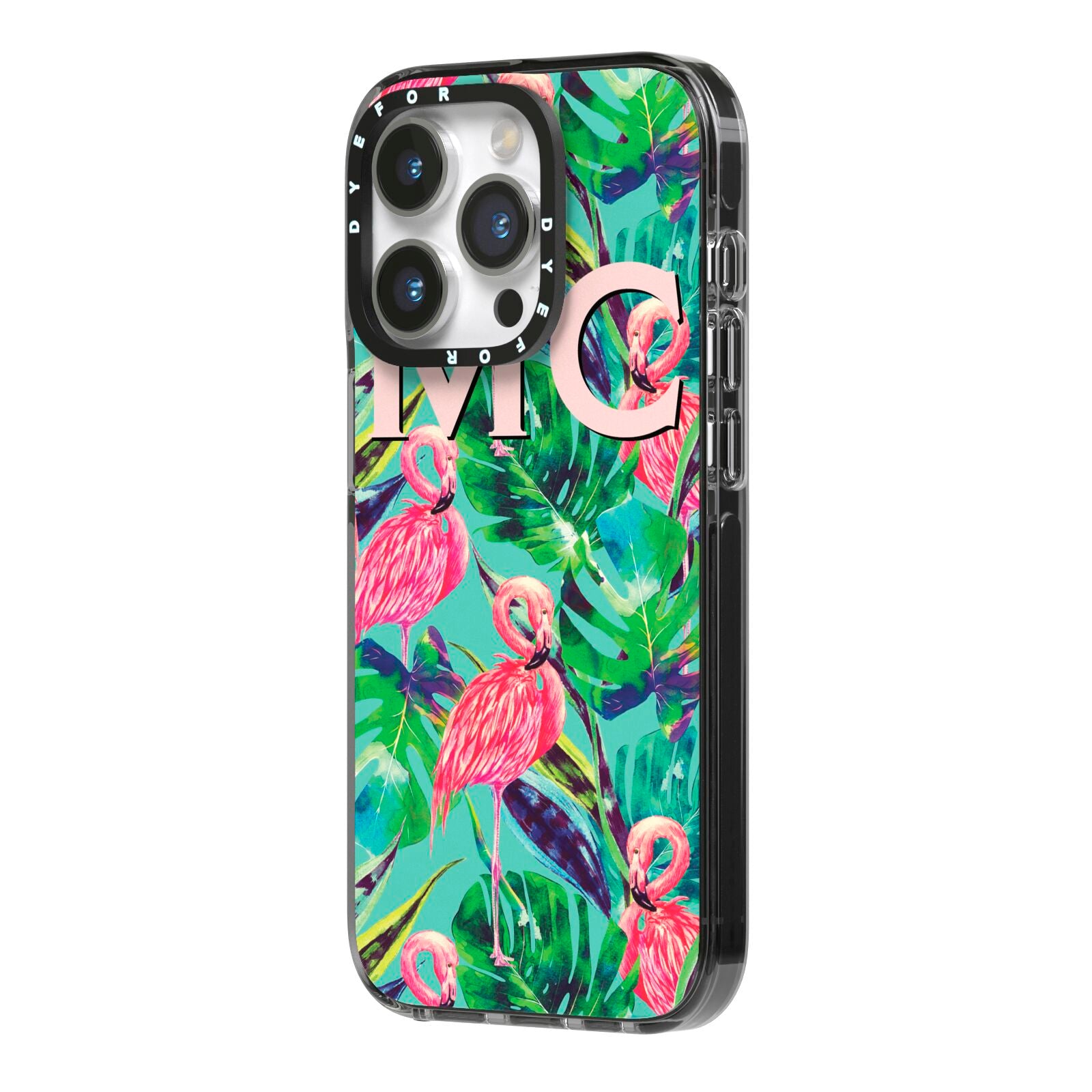 Personalised Tropical Green Leaves Flamingo iPhone 14 Pro Black Impact Case Side Angle on Silver phone