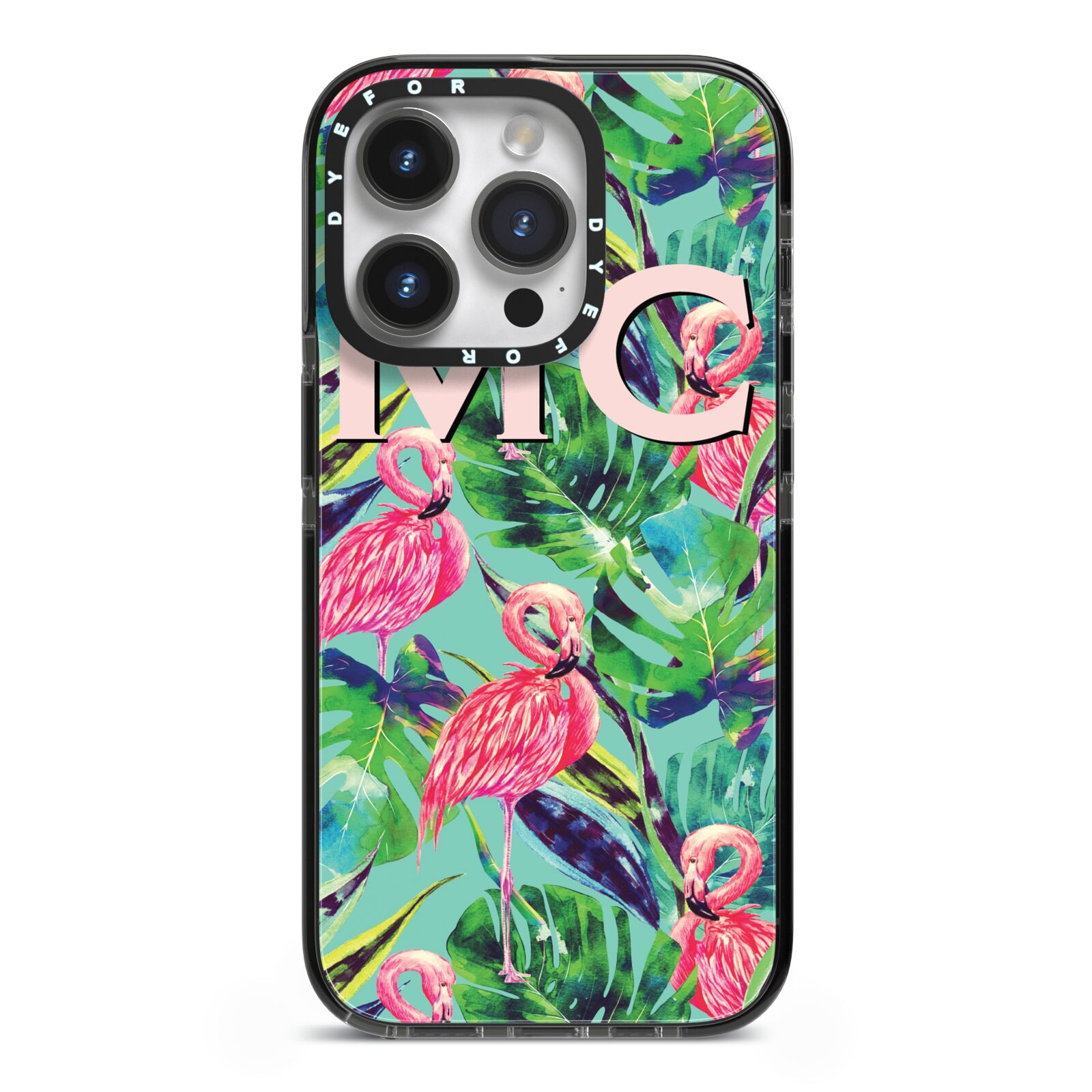 Personalised Tropical Green Leaves Flamingo iPhone 14 Pro Black Impact Case on Silver phone