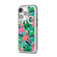 Personalised Tropical Green Leaves Flamingo iPhone 14 Pro Clear Tough Case Silver Angled Image