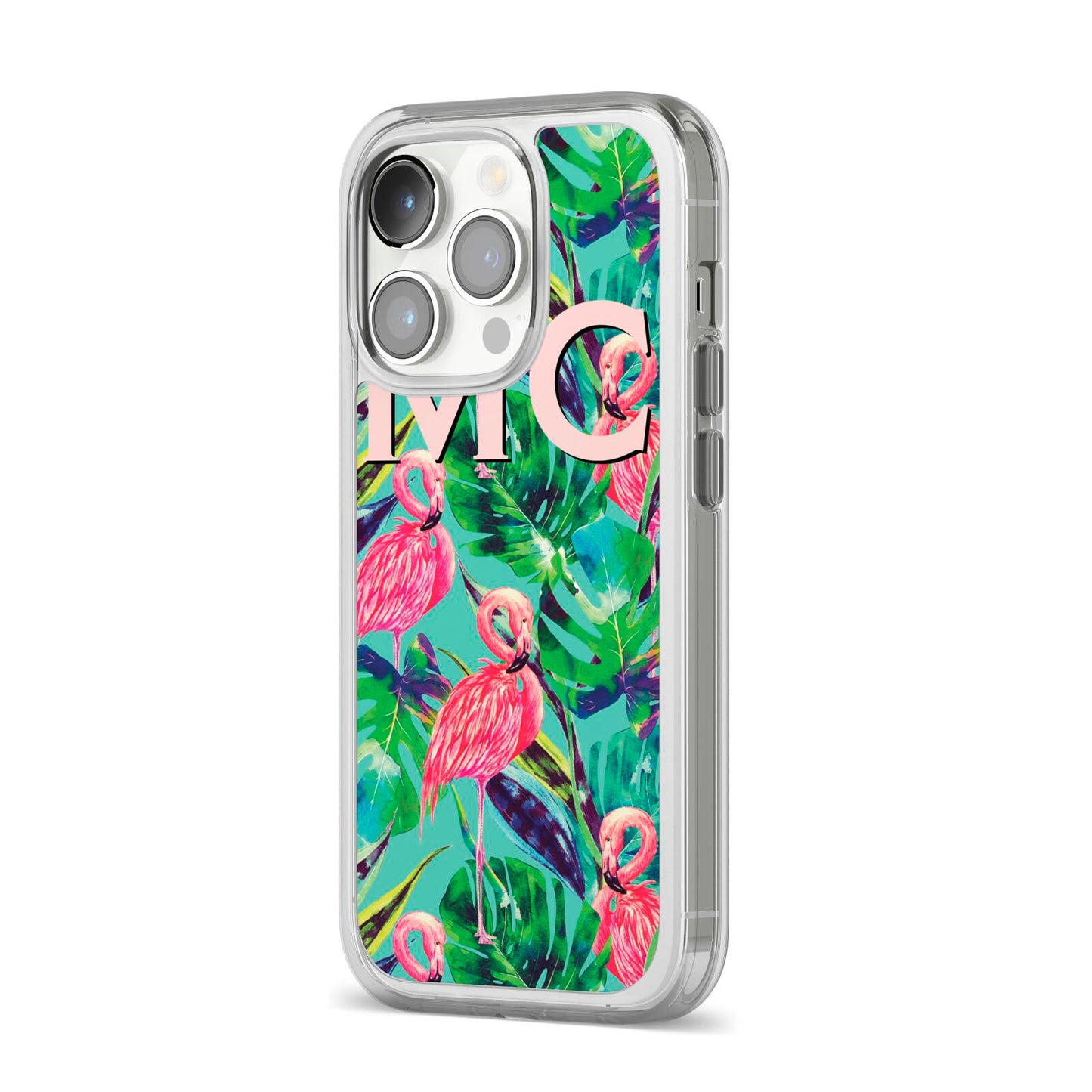 Personalised Tropical Green Leaves Flamingo iPhone 14 Pro Clear Tough Case Silver Angled Image