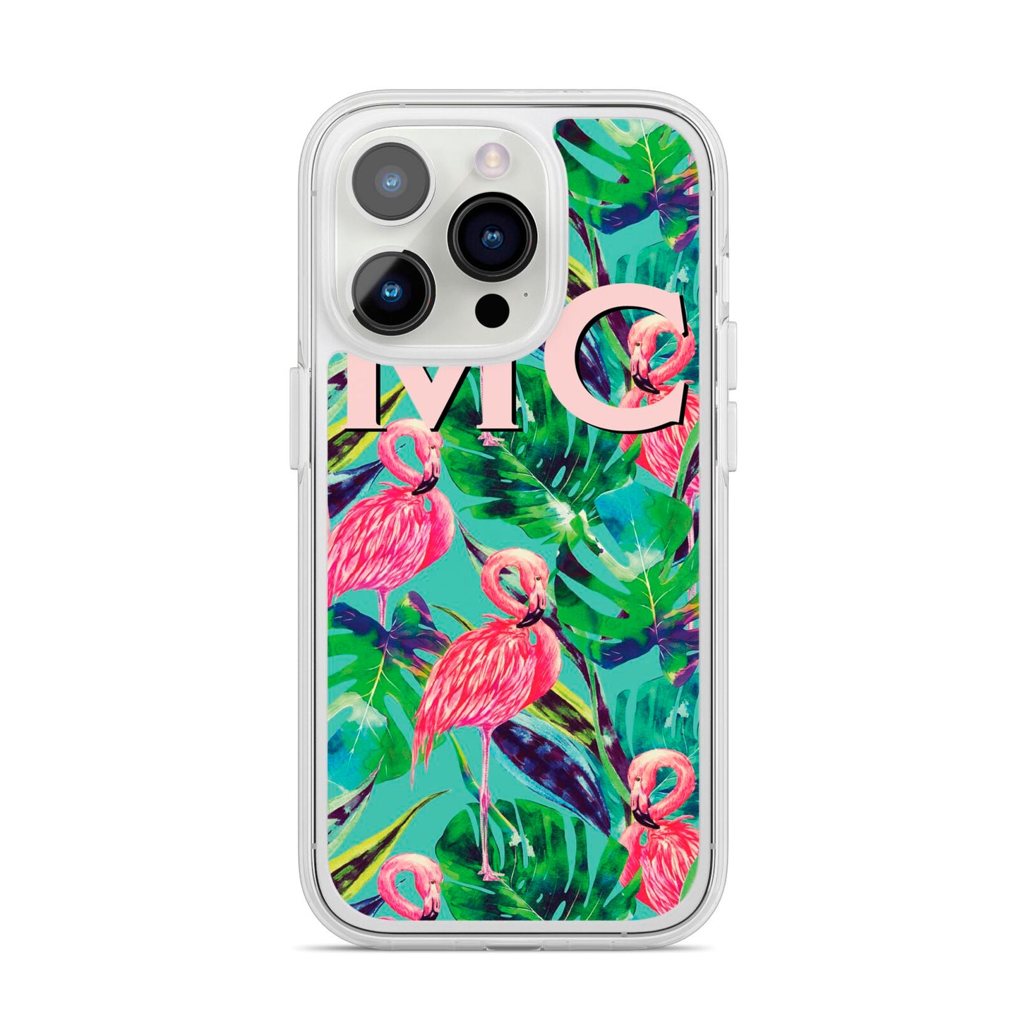 Personalised Tropical Green Leaves Flamingo iPhone 14 Pro Clear Tough Case Silver