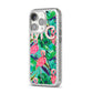 Personalised Tropical Green Leaves Flamingo iPhone 14 Pro Glitter Tough Case Silver Angled Image