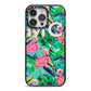 Personalised Tropical Green Leaves Flamingo iPhone 14 Pro Max Black Impact Case on Silver phone