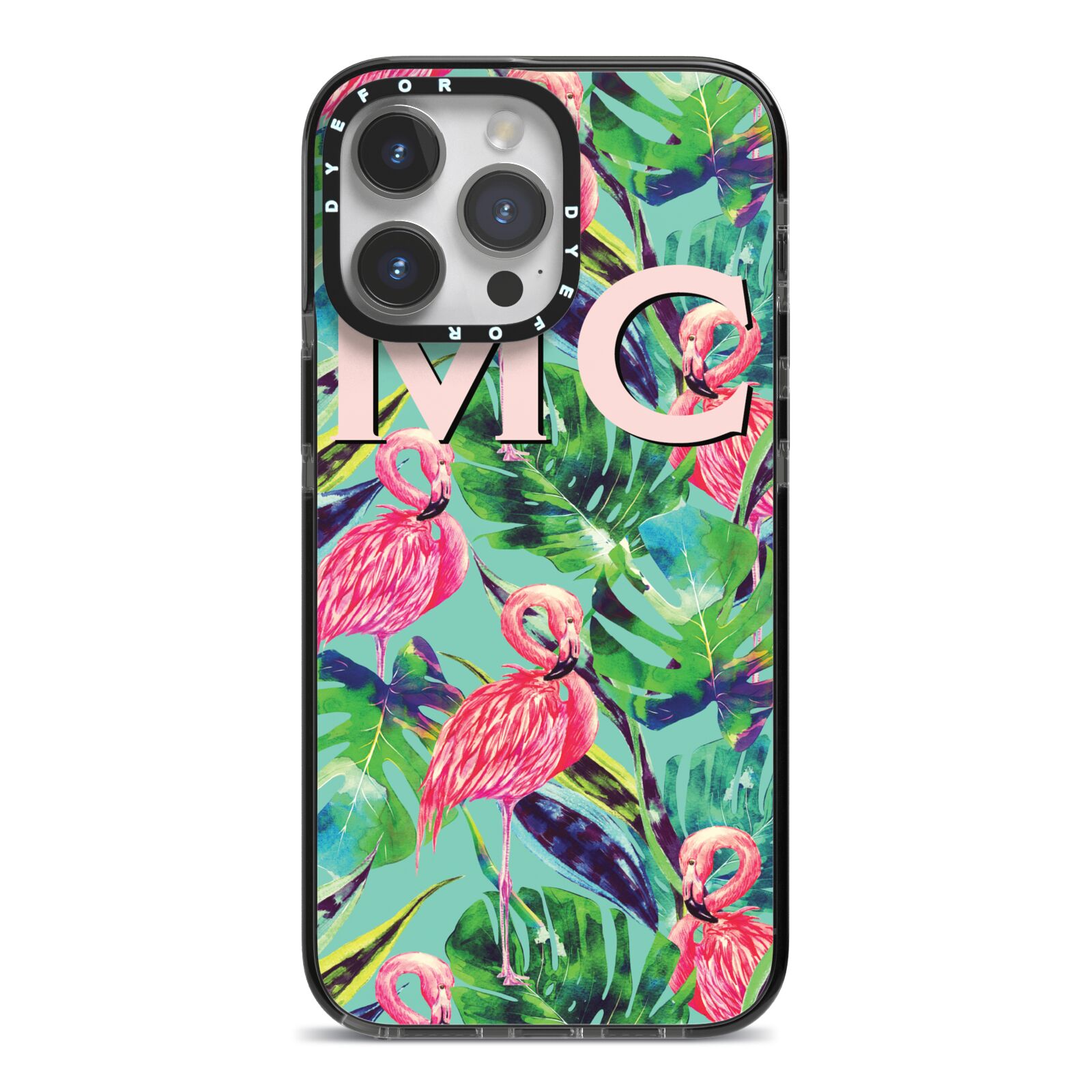 Personalised Tropical Green Leaves Flamingo iPhone 14 Pro Max Black Impact Case on Silver phone