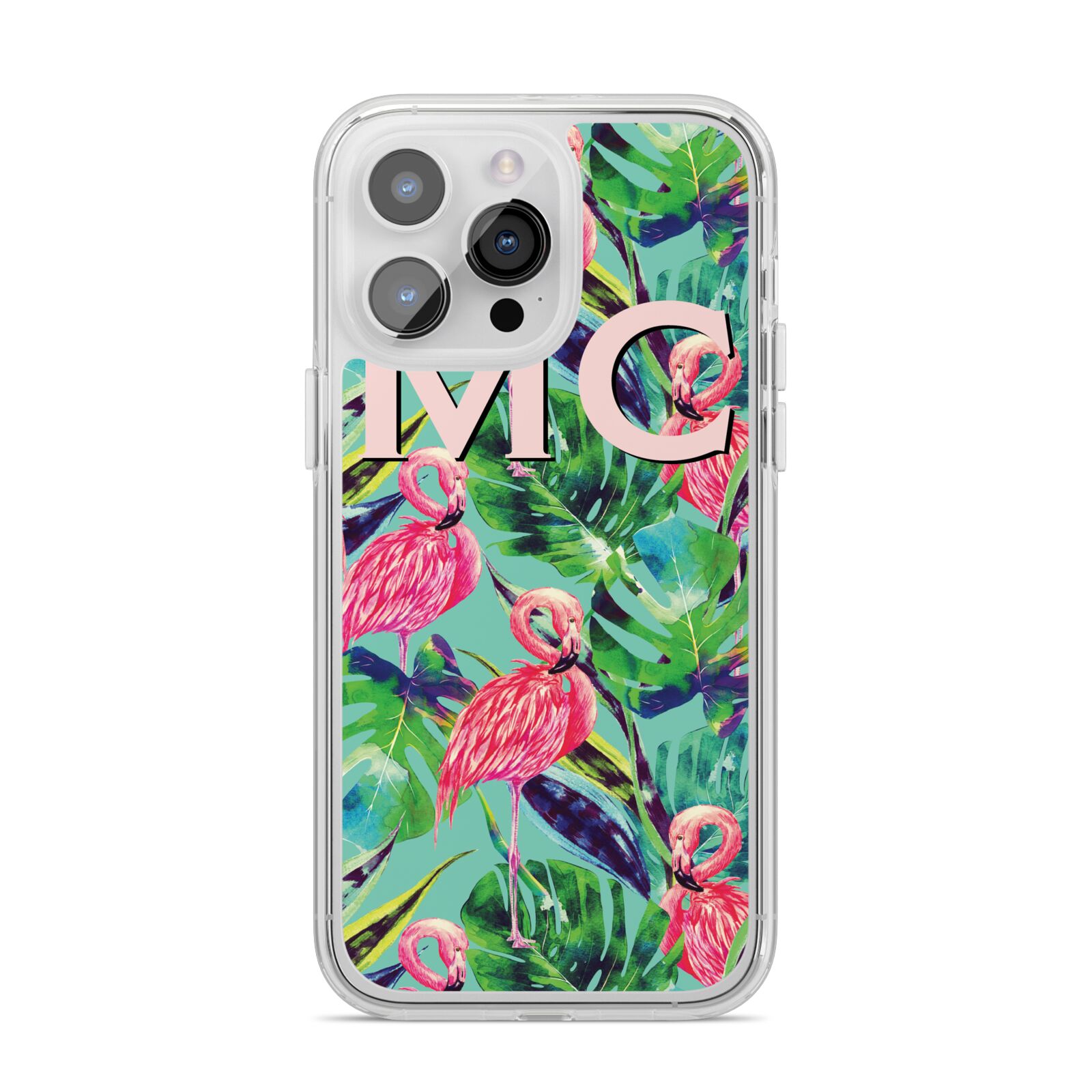 Personalised Tropical Green Leaves Flamingo iPhone 14 Pro Max Clear Tough Case Silver