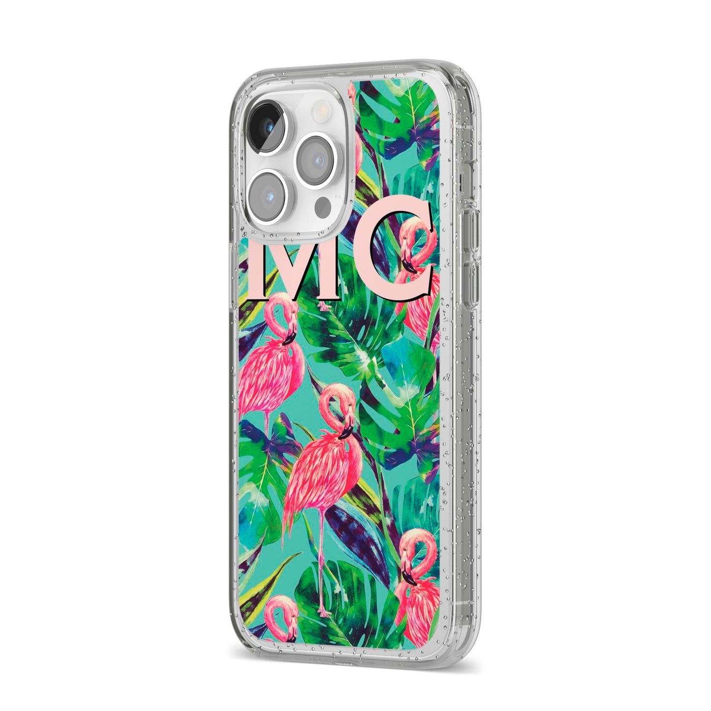 Personalised Tropical Green Leaves Flamingo iPhone 14 Pro Max Glitter Tough Case Silver Angled Image