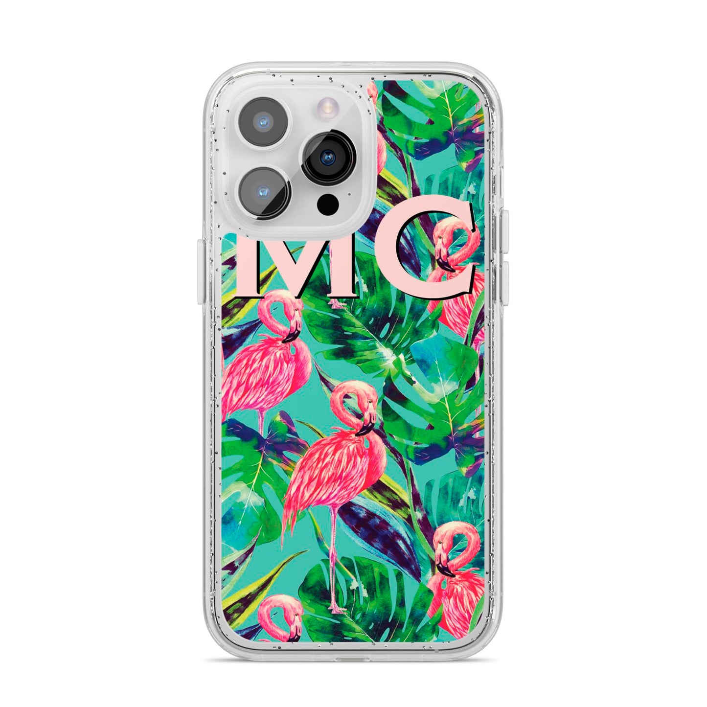Personalised Tropical Green Leaves Flamingo iPhone 14 Pro Max Glitter Tough Case Silver