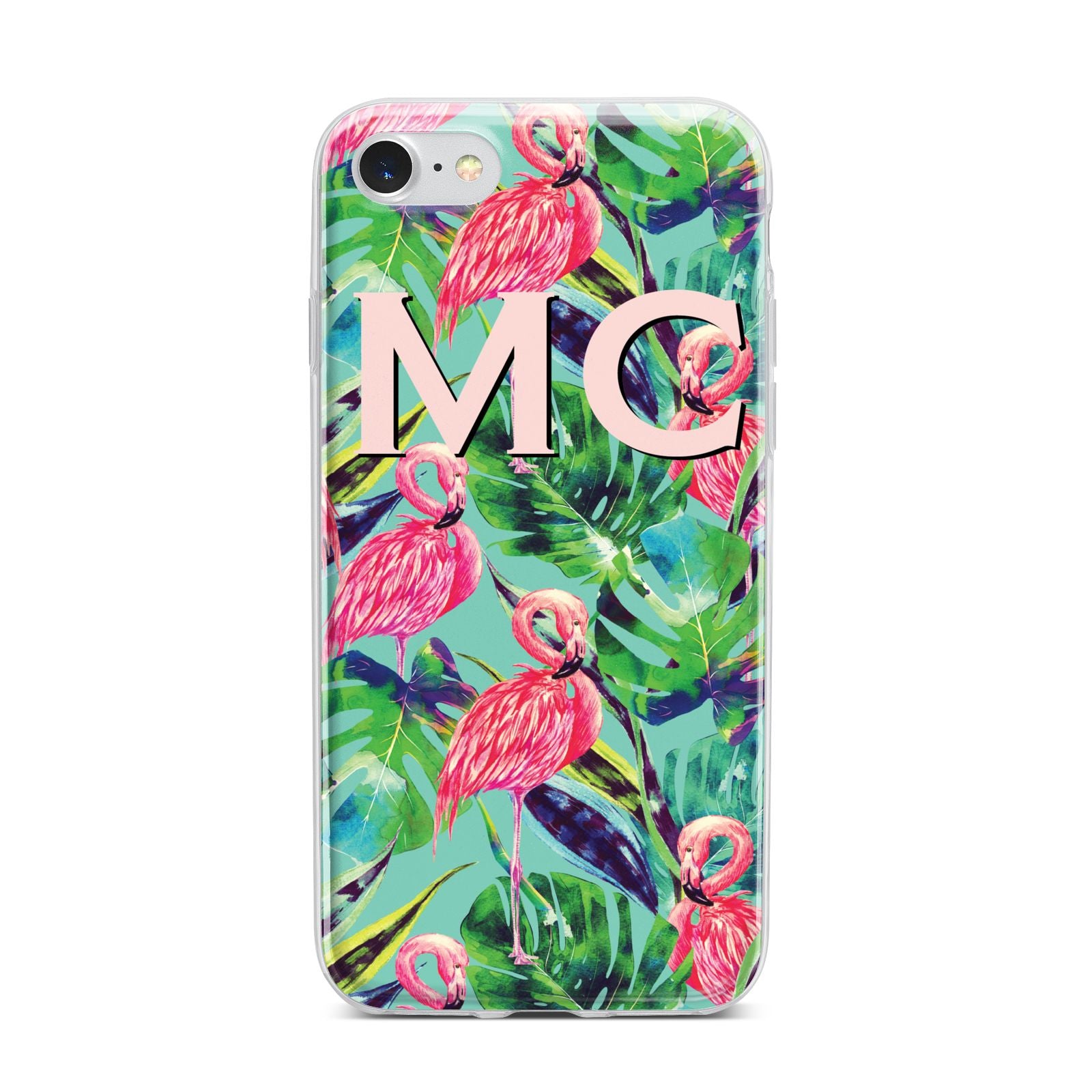 Personalised Tropical Green Leaves Flamingo iPhone 7 Bumper Case on Silver iPhone