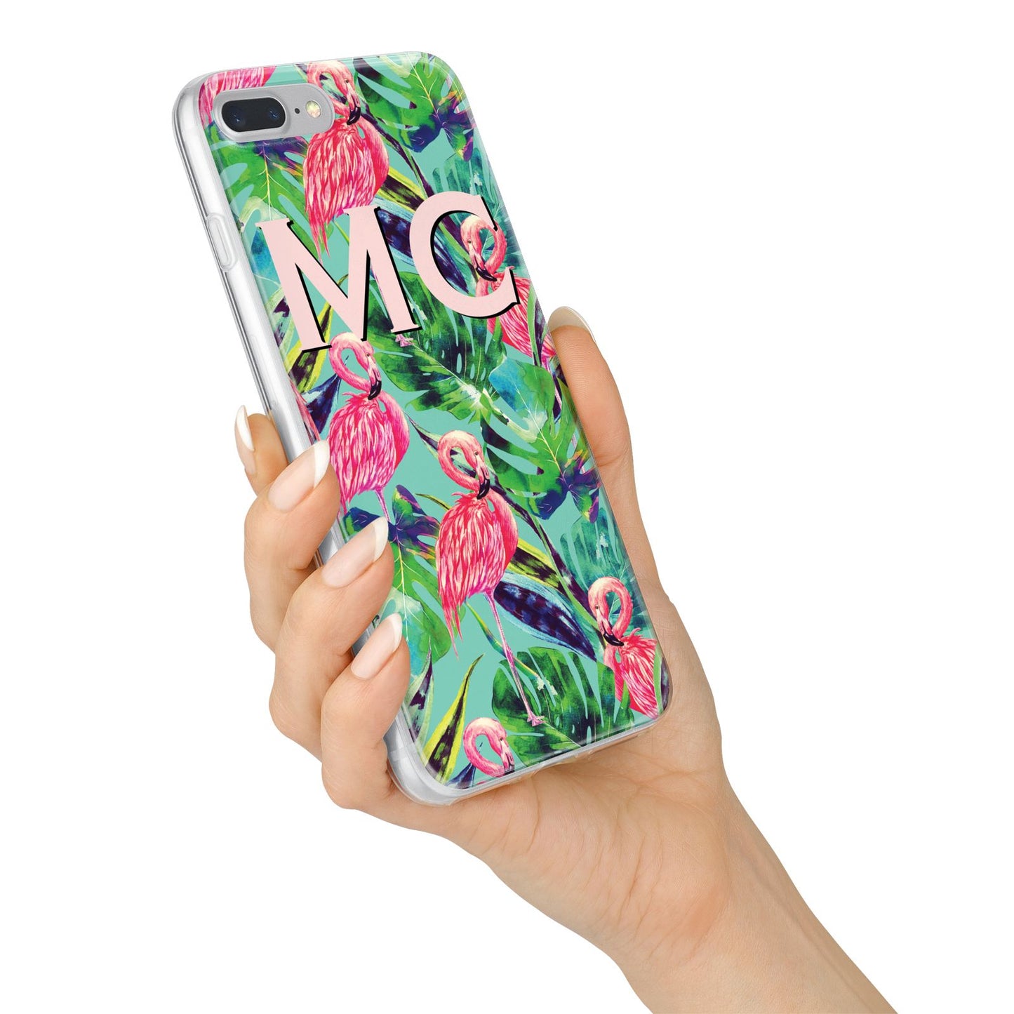 Personalised Tropical Green Leaves Flamingo iPhone 7 Plus Bumper Case on Silver iPhone Alternative Image
