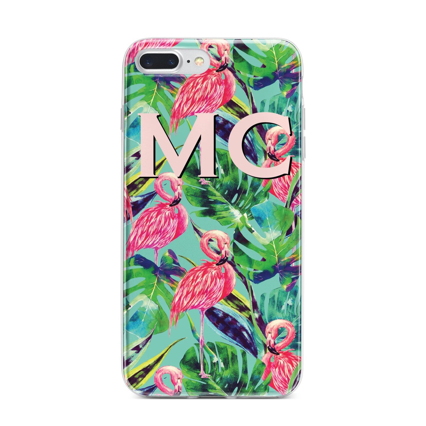 Personalised Tropical Green Leaves Flamingo iPhone 7 Plus Bumper Case on Silver iPhone