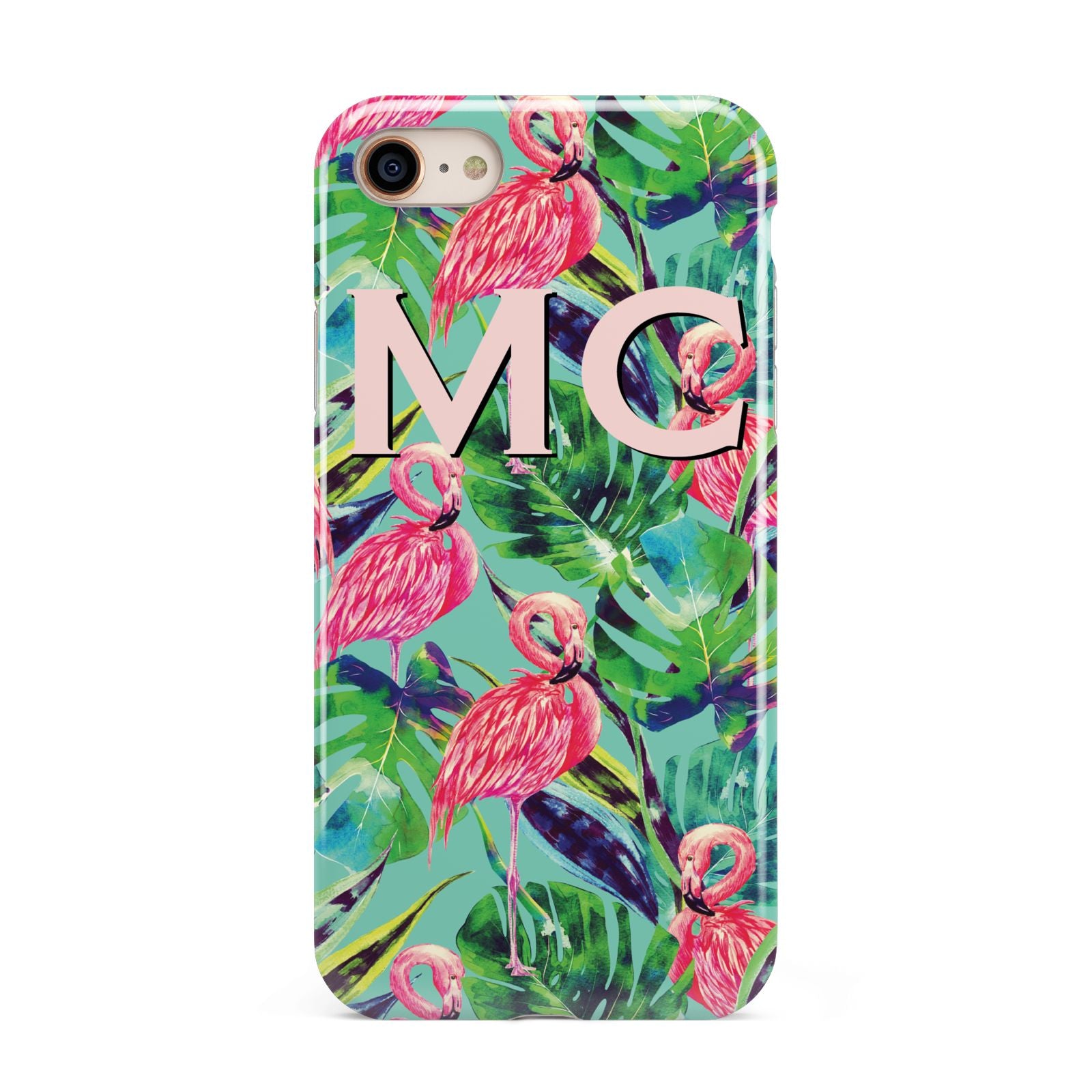 Personalised Tropical Green Leaves Flamingo iPhone 8 3D Tough Case on Gold Phone