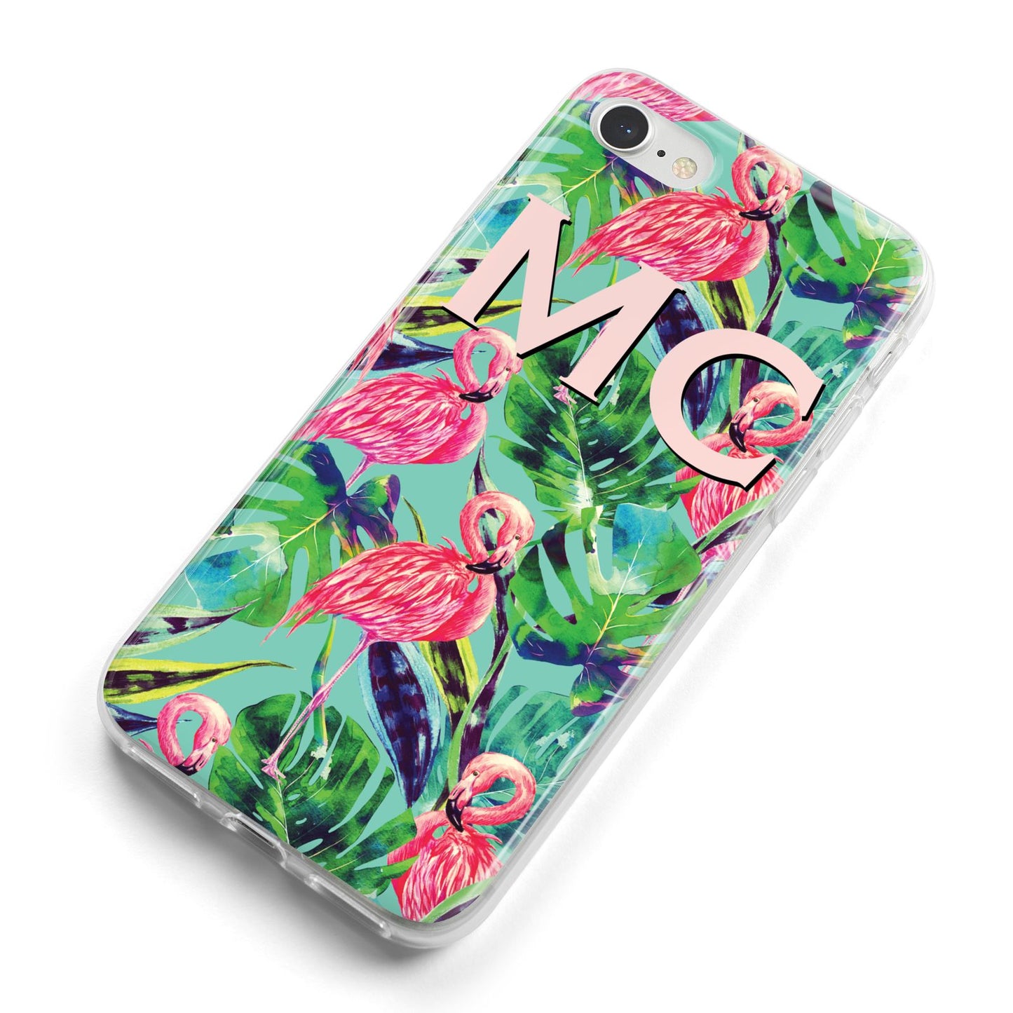 Personalised Tropical Green Leaves Flamingo iPhone 8 Bumper Case on Silver iPhone Alternative Image