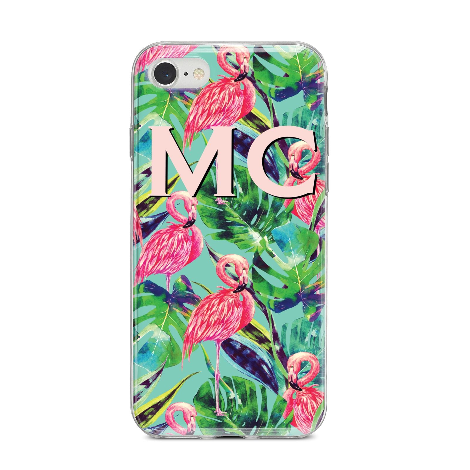 Personalised Tropical Green Leaves Flamingo iPhone 8 Bumper Case on Silver iPhone