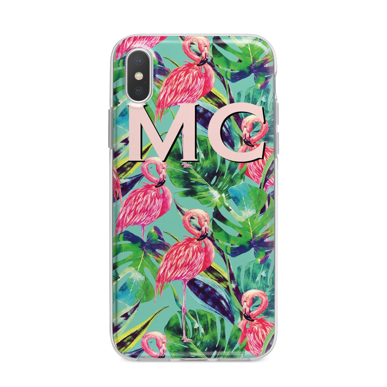 Personalised Tropical Green Leaves Flamingo iPhone X Bumper Case on Silver iPhone Alternative Image 1