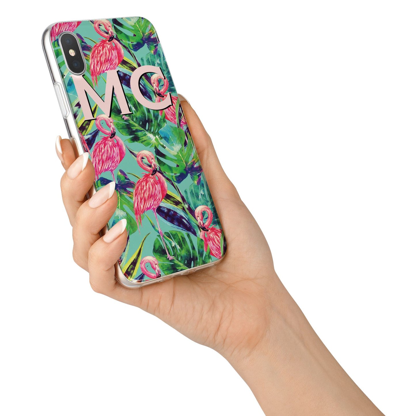 Personalised Tropical Green Leaves Flamingo iPhone X Bumper Case on Silver iPhone Alternative Image 2