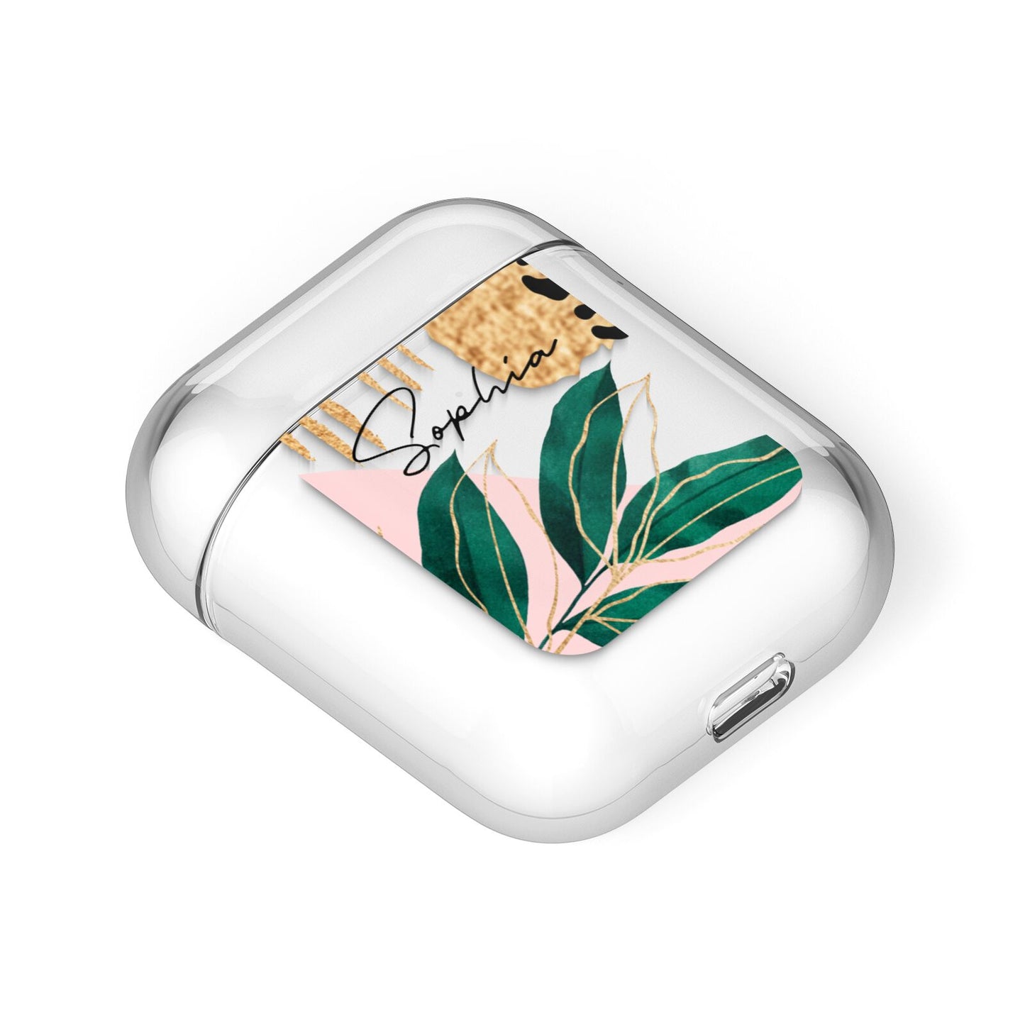 Personalised Tropical Leaf AirPods Case Laid Flat
