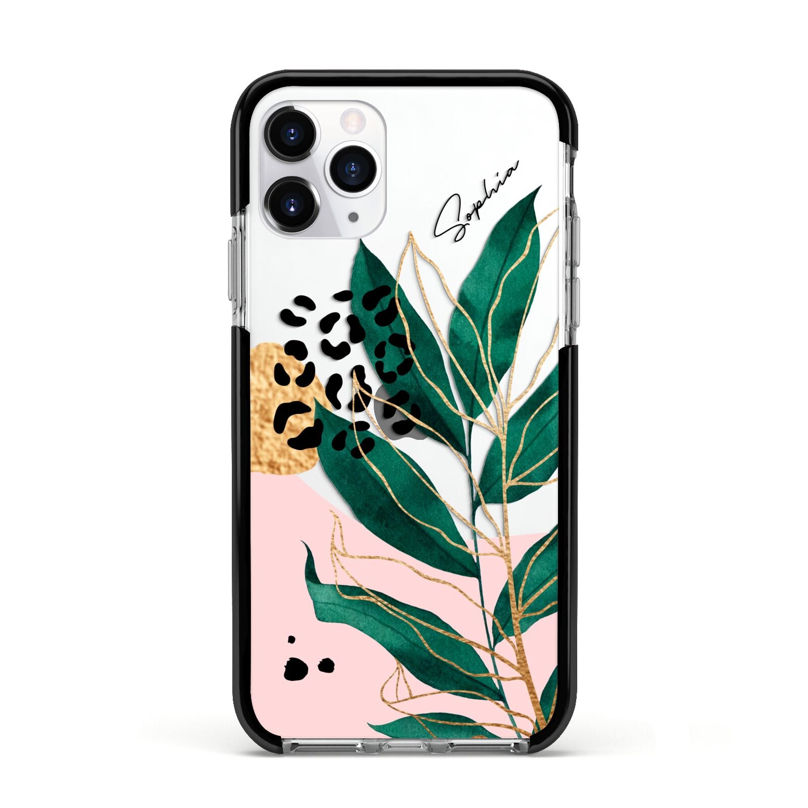 Personalised Tropical Leaf Apple iPhone 11 Pro in Silver with Black Impact Case