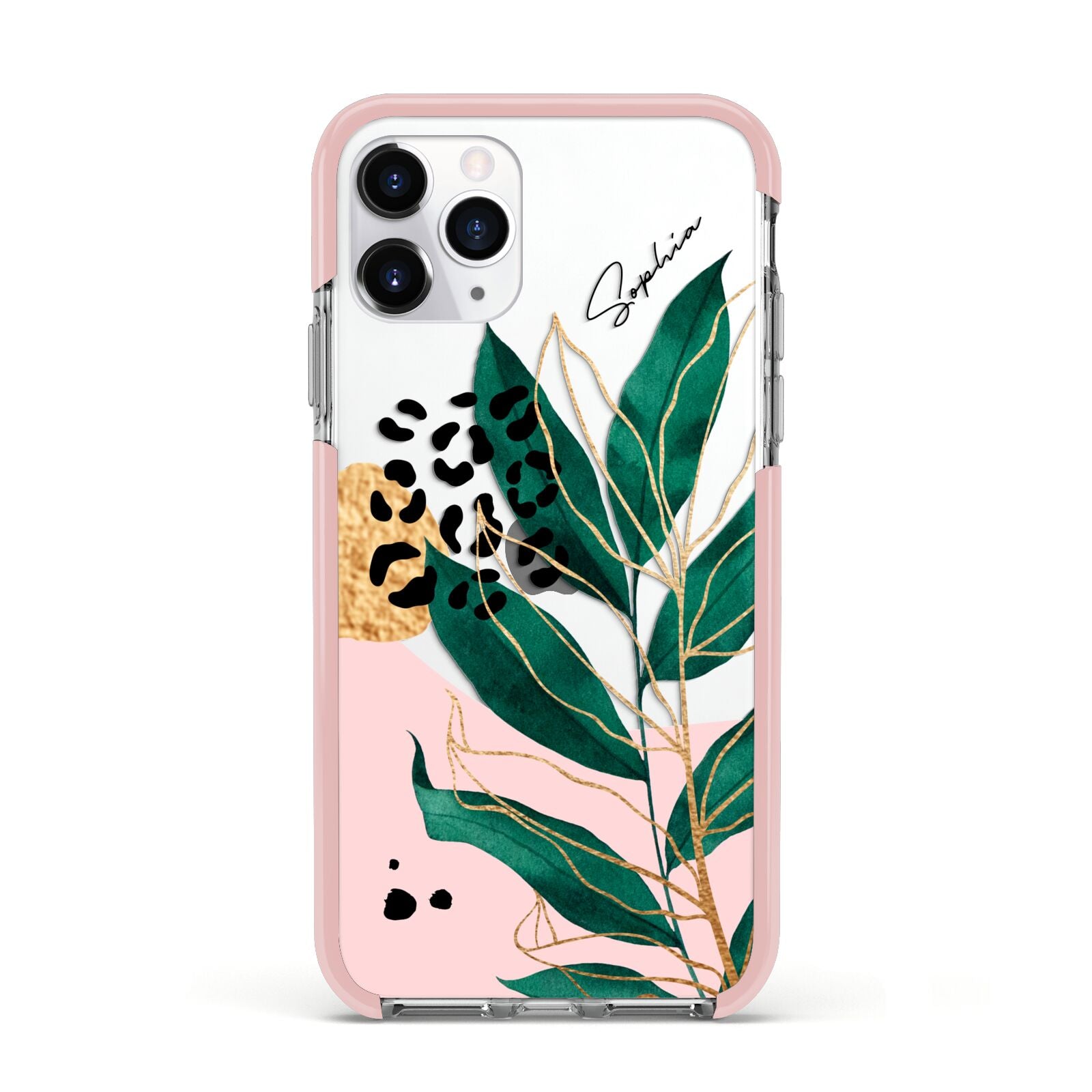 Personalised Tropical Leaf Apple iPhone 11 Pro in Silver with Pink Impact Case