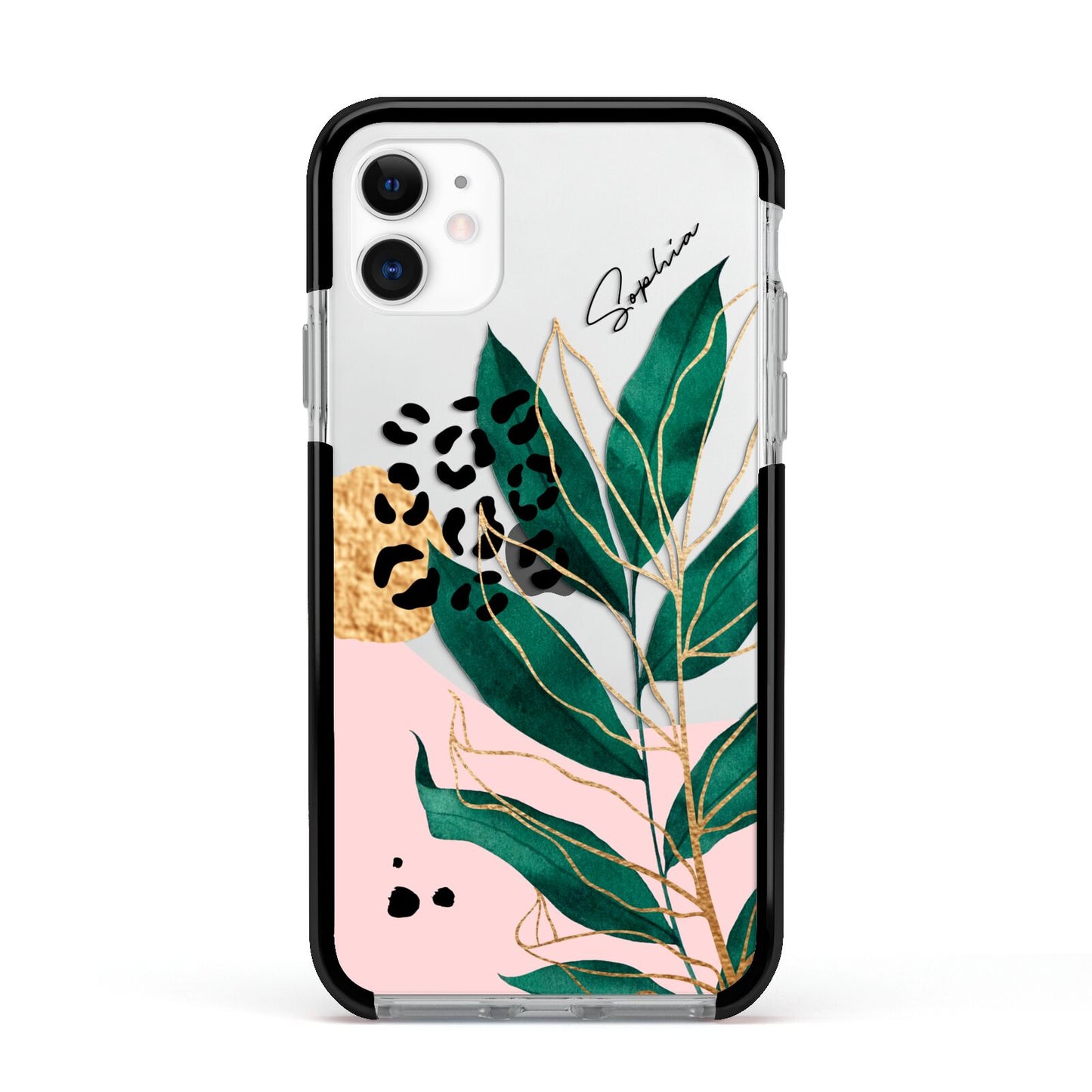 Personalised Tropical Leaf Apple iPhone 11 in White with Black Impact Case