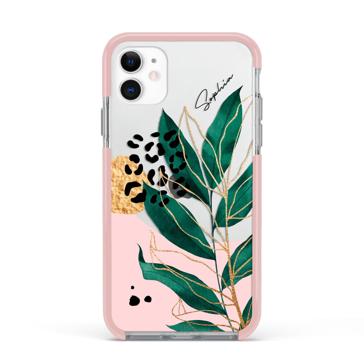 Personalised Tropical Leaf Apple iPhone 11 in White with Pink Impact Case