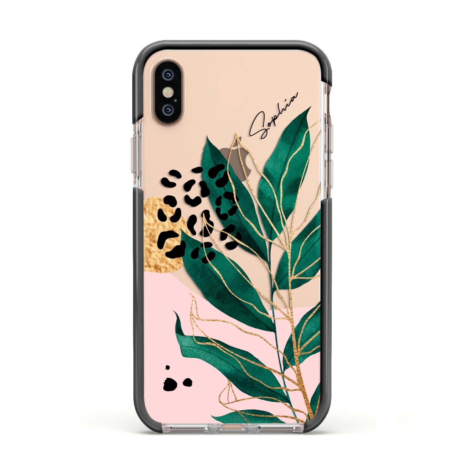 Personalised Tropical Leaf Apple iPhone Xs Impact Case Black Edge on Gold Phone