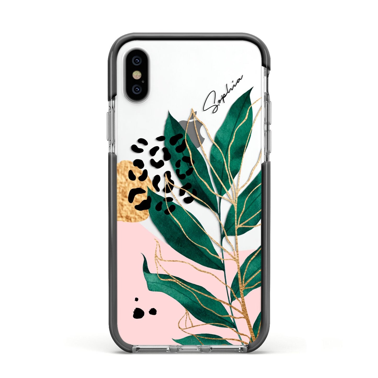 Personalised Tropical Leaf Apple iPhone Xs Impact Case Black Edge on Silver Phone