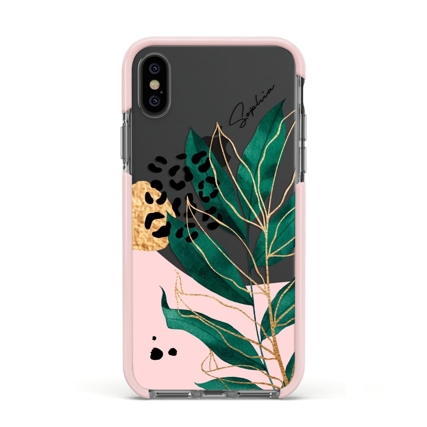 Personalised Tropical Leaf Apple iPhone Xs Impact Case Pink Edge on Black Phone