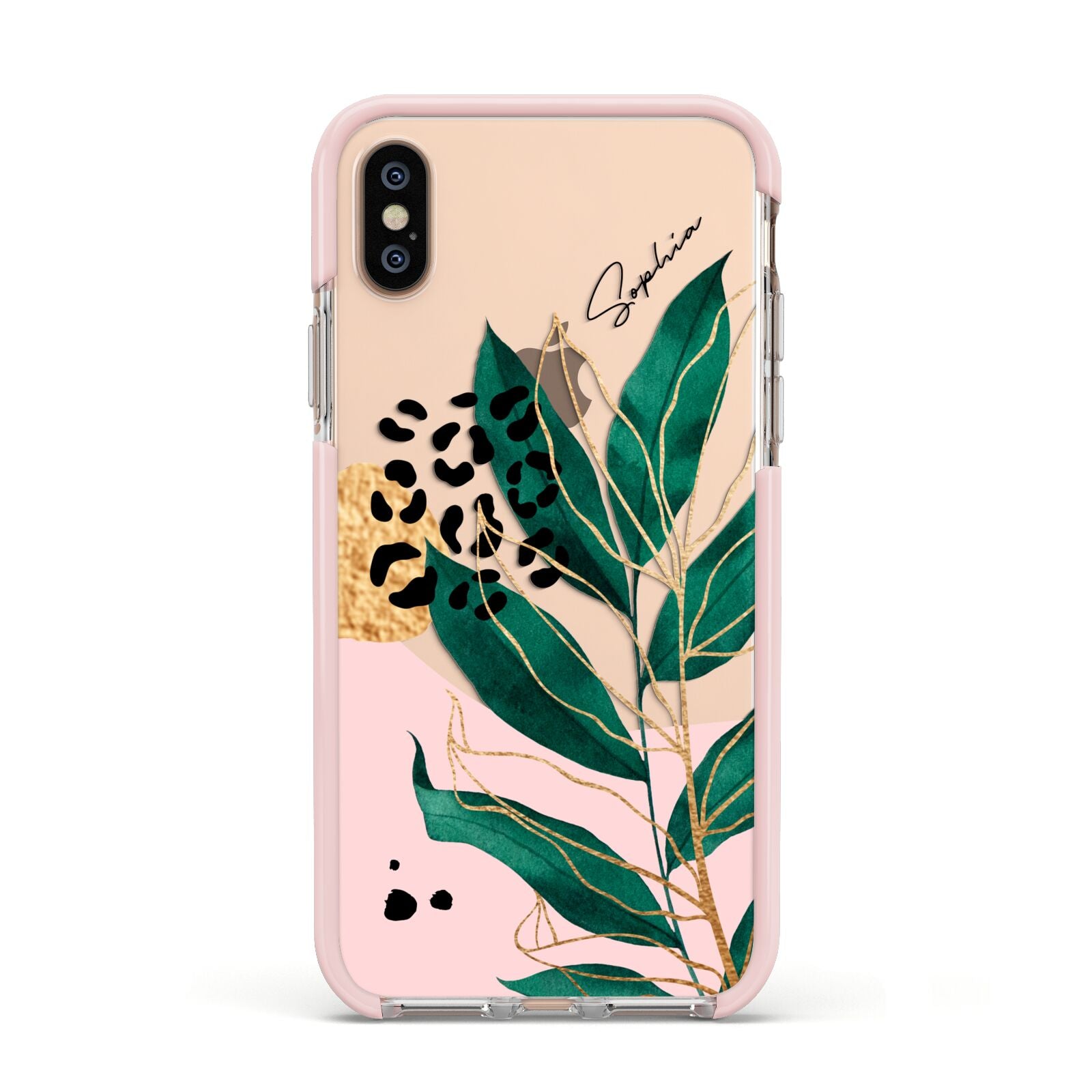 Personalised Tropical Leaf Apple iPhone Xs Impact Case Pink Edge on Gold Phone