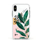 Personalised Tropical Leaf Apple iPhone Xs Impact Case White Edge on Silver Phone