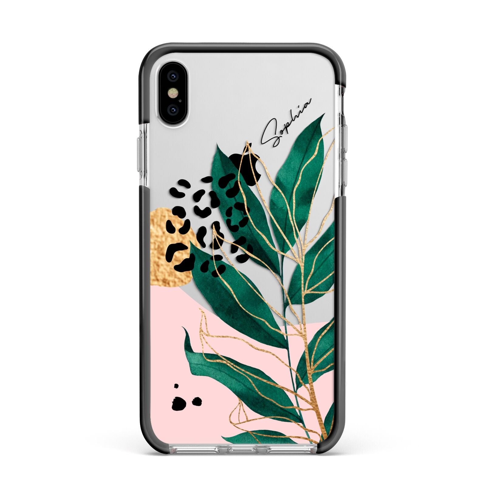 Personalised Tropical Leaf Apple iPhone Xs Max Impact Case Black Edge on Silver Phone