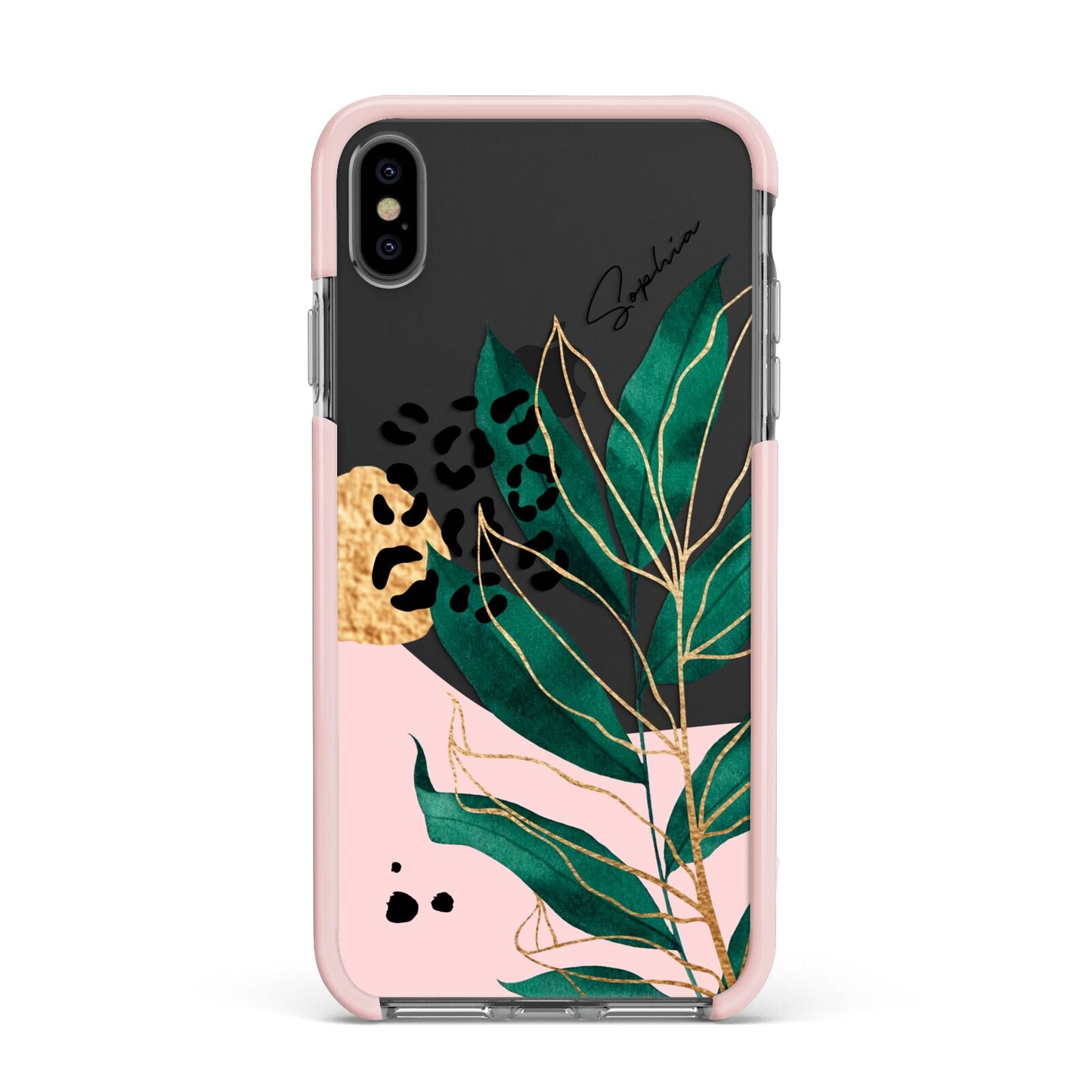Personalised Tropical Leaf Apple iPhone Xs Max Impact Case Pink Edge on Black Phone