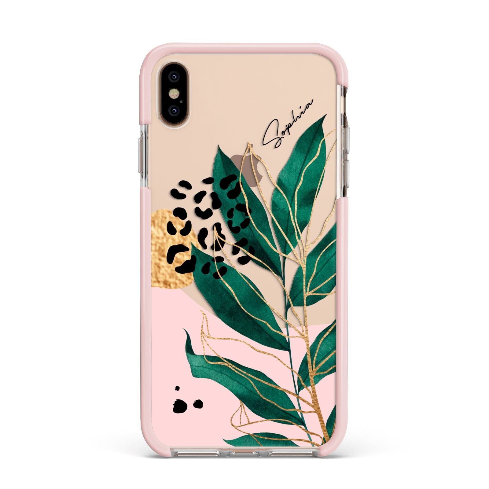 Personalised Tropical Leaf Apple iPhone Xs Max Impact Case Pink Edge on Gold Phone