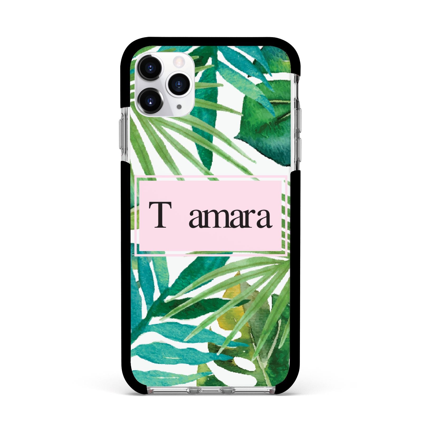 Personalised Tropical Leaf Pink Name Apple iPhone 11 Pro Max in Silver with Black Impact Case