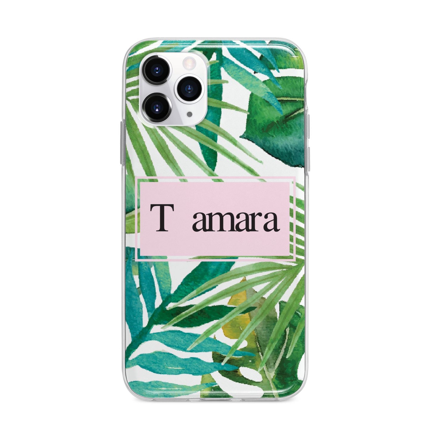 Personalised Tropical Leaf Pink Name Apple iPhone 11 Pro Max in Silver with Bumper Case
