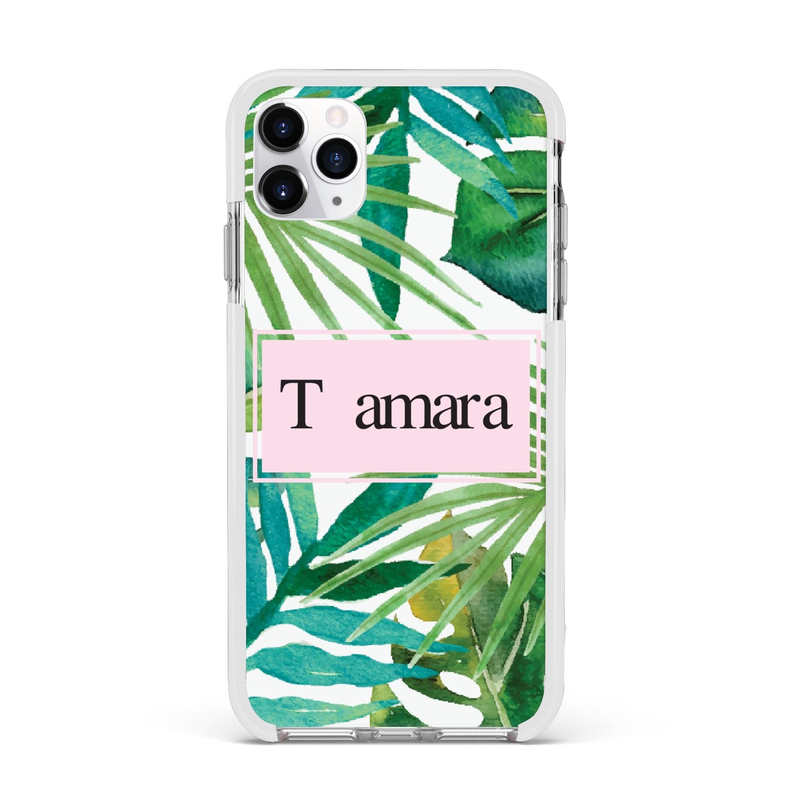 Personalised Tropical Leaf Pink Name Apple iPhone 11 Pro Max in Silver with White Impact Case