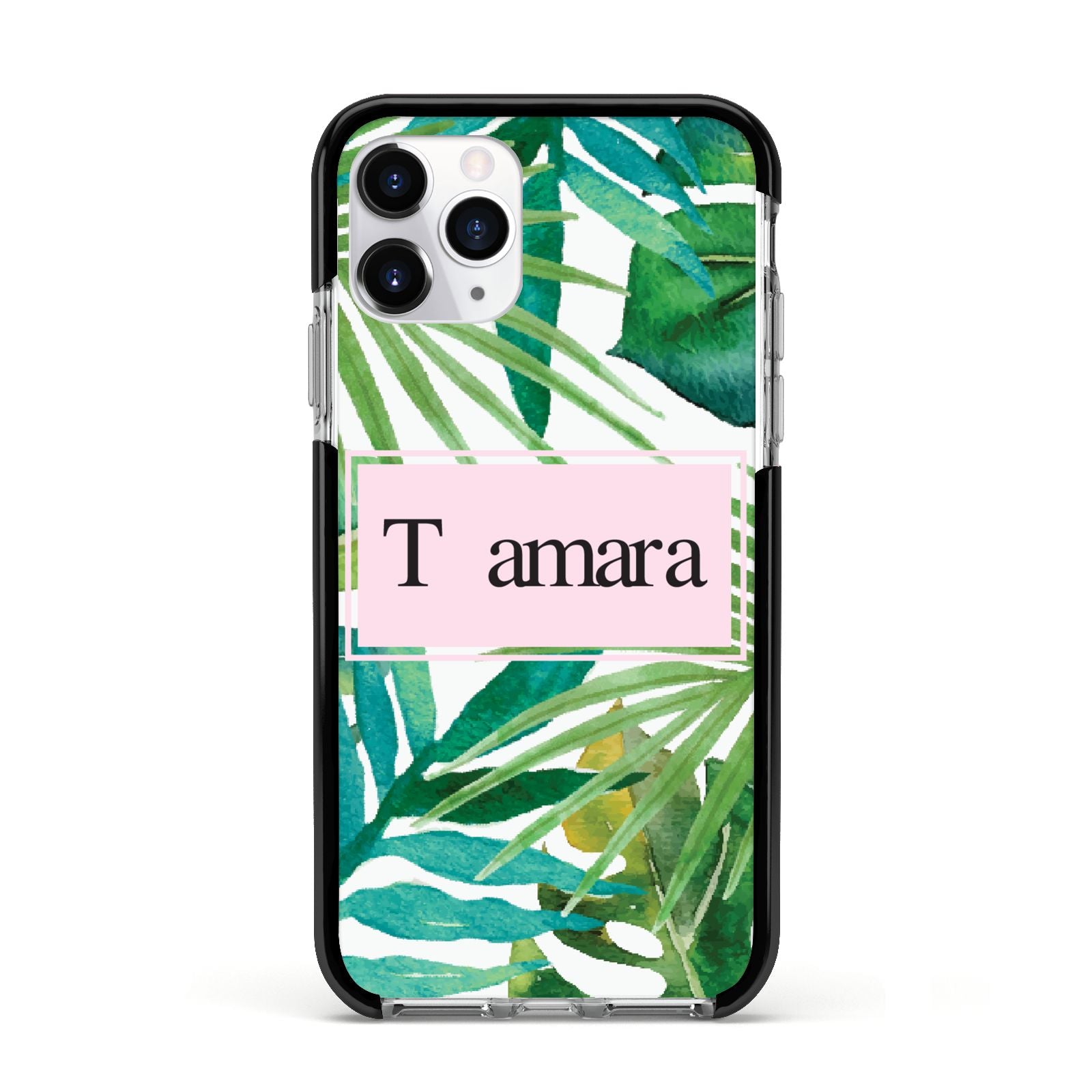 Personalised Tropical Leaf Pink Name Apple iPhone 11 Pro in Silver with Black Impact Case