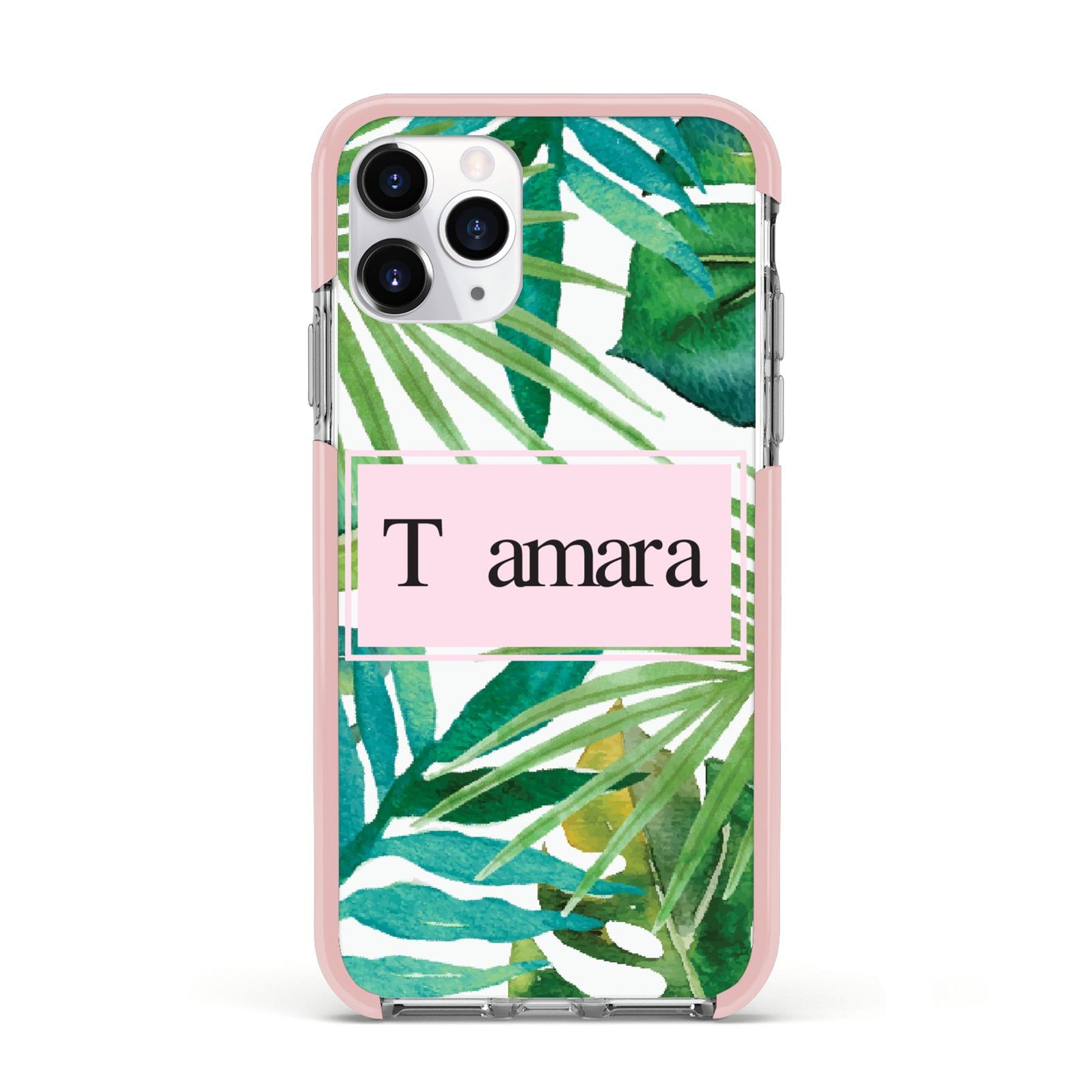 Personalised Tropical Leaf Pink Name Apple iPhone 11 Pro in Silver with Pink Impact Case