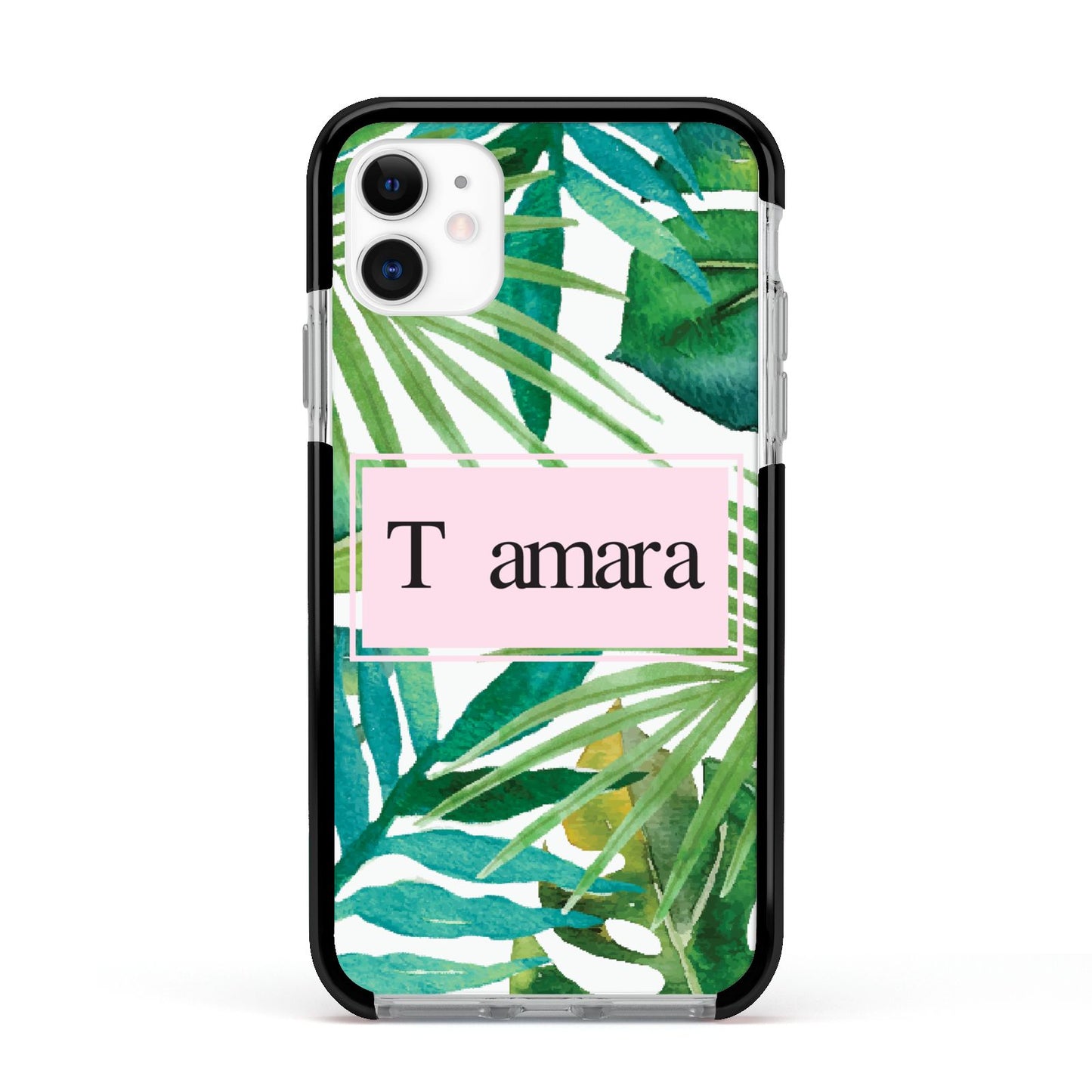 Personalised Tropical Leaf Pink Name Apple iPhone 11 in White with Black Impact Case