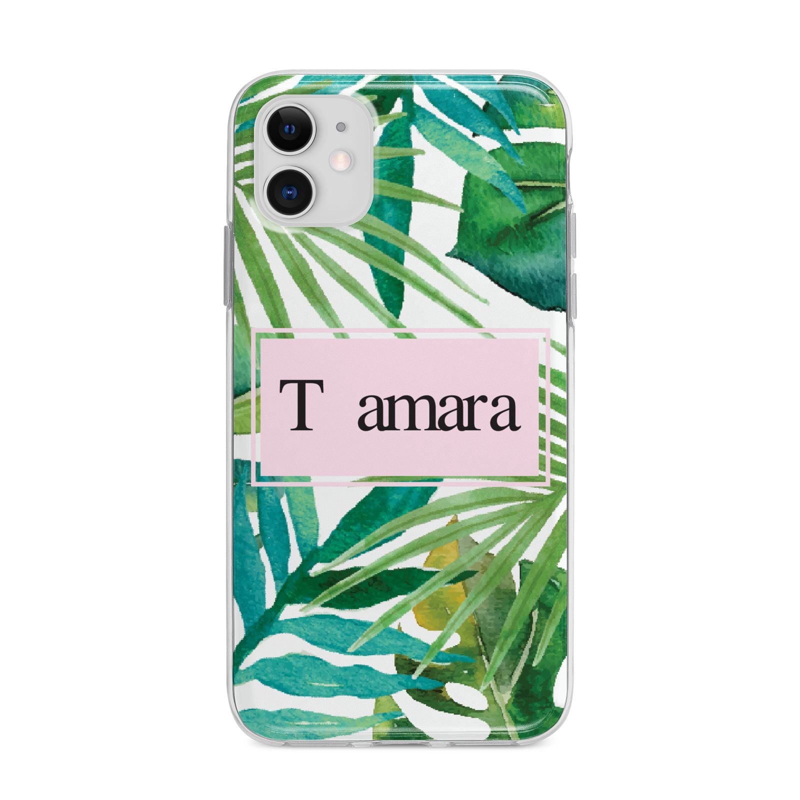 Personalised Tropical Leaf Pink Name Apple iPhone 11 in White with Bumper Case
