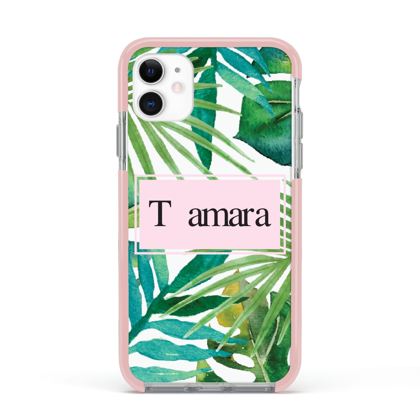 Personalised Tropical Leaf Pink Name Apple iPhone 11 in White with Pink Impact Case