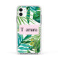 Personalised Tropical Leaf Pink Name Apple iPhone 11 in White with White Impact Case