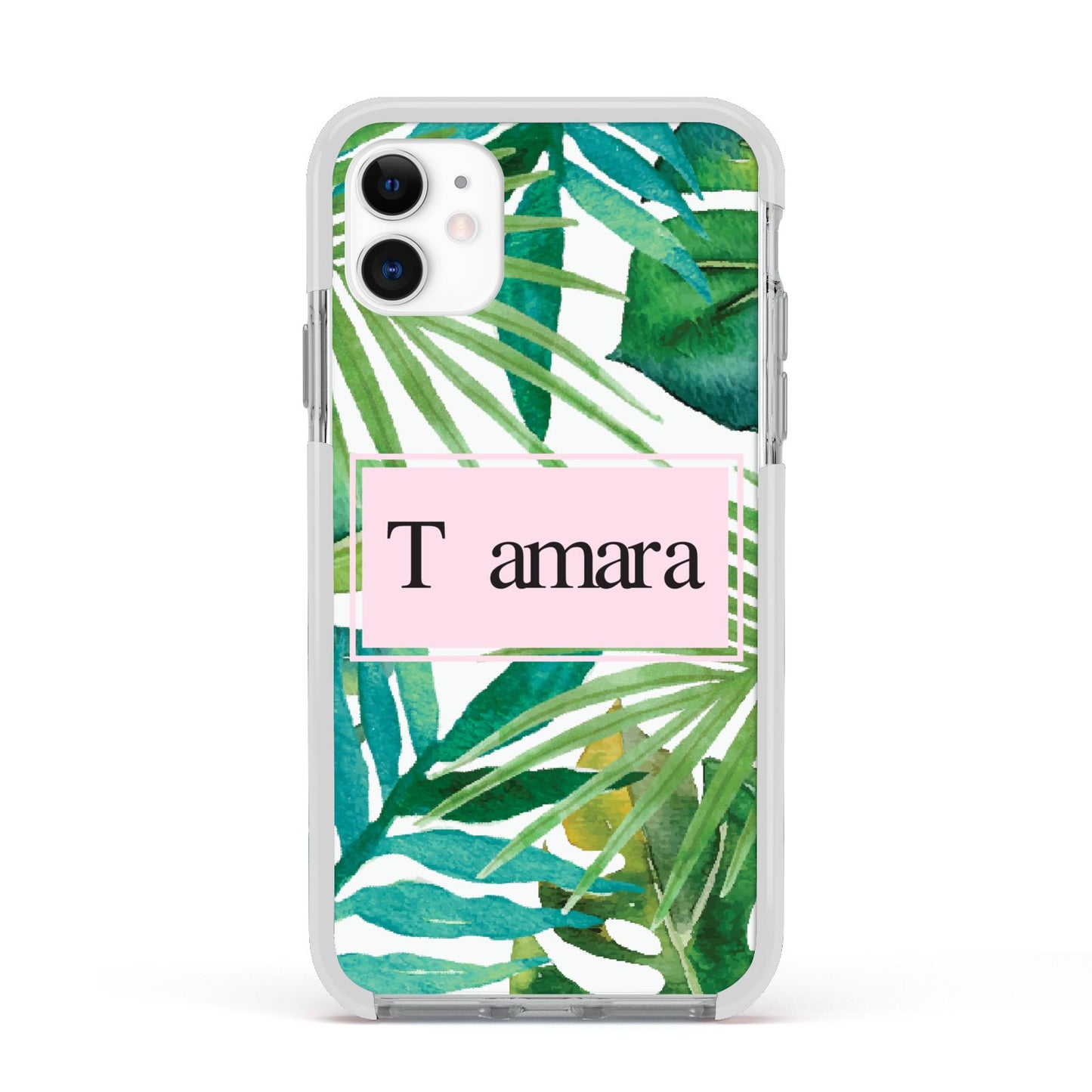 Personalised Tropical Leaf Pink Name Apple iPhone 11 in White with White Impact Case