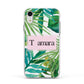 Personalised Tropical Leaf Pink Name Apple iPhone XR Impact Case White Edge on Silver Phone